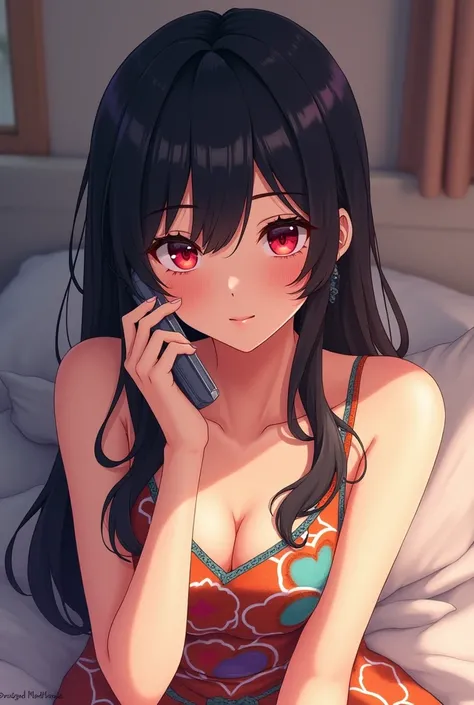 A young anime Girl with black hair and red pupils，Wearing cartoon full informal dress , Sitting on bed, talking on mobile phone call , she is like 30 years old 