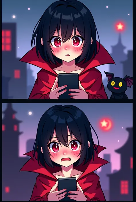 (masterpiece, best quality:1.2), comic, 2 panels, (2comic panels, dot halftone, flat color), 1girl black hair, red eyes, vampire girl, wearing red cloak, bat as a pet, scrolling on smart phone, (saying "What is hentai?" with curious face, saying "O-Oh..." ...