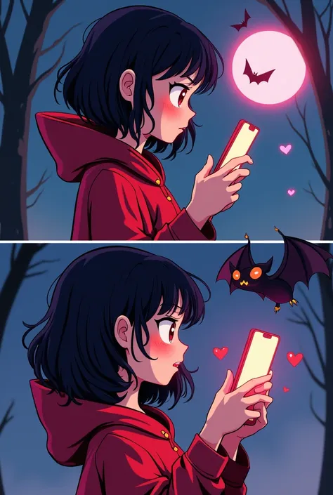 (masterpiece, best quality:1.2), comic, 2 panels, (2comic panels, dot halftone, flat color), 1girl black hair, red eyes, vampire girl, wearing red cloak, bat as a pet, scrolling on smart phone, (saying "What is hentai?" with curious face, saying "O-Oh..." ...