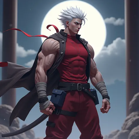 a dynamic illustration of Munashi Kurotani, a young yet physically imposing 15-year-old character standing at 203 cm with a muscular build. He has pure white hair and eyes. Munashi is dressed in a tight-fitting, deep red shirt made from special mesh fabric...