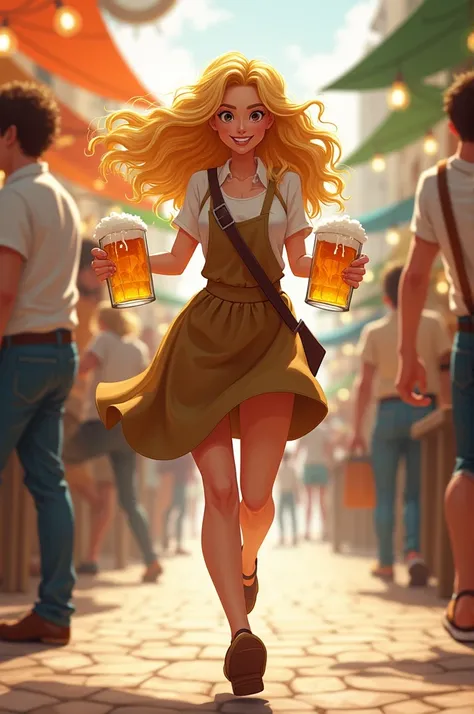 24-year-old woman。She has long blonde hair in vertical curls。With a slender figure、Wearing an apron and a sling。With a beer mug in each hand、Please draw me running around busily.。