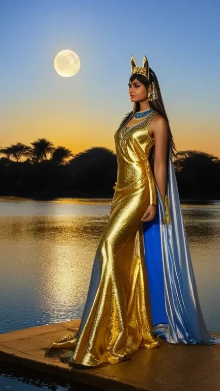 Moonlit Majesty: An Egyptian goddess stands tall at the base of a towering pyramid, her elegant cat ears glinting in the silver glow of the moon casting its gentle beam on the Nile Rivers tranquil flow. Her golden headdress and flowing blue and gold robes ...