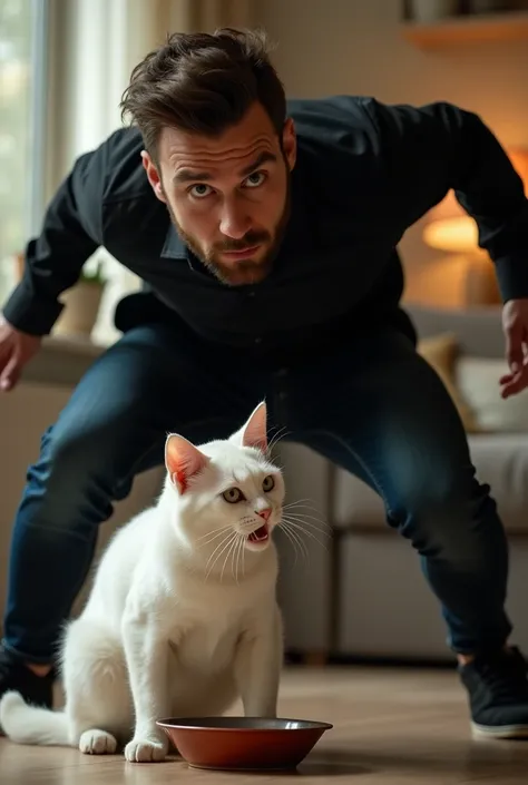 A smart man wearing a black shirt and jeans is displaying bad behavior towards a white cat, who is sitting in front of a cat  eating his food but the smart man wearing black shirt and jeans push his food bowl away 