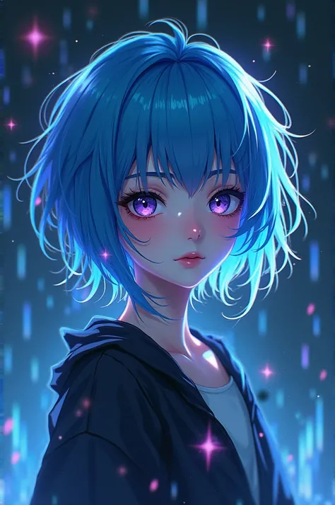 Anime girl, messy hair and blue tones, glitches aesthetick 