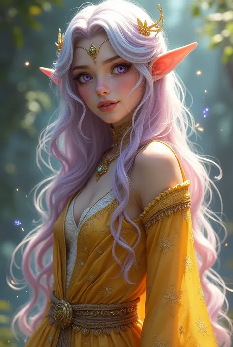 Make a life element RPG character who has long pastel rainbow hair. Your eyes are lilac. your skin is pale, and she wears a golden robe. Shes not an elf