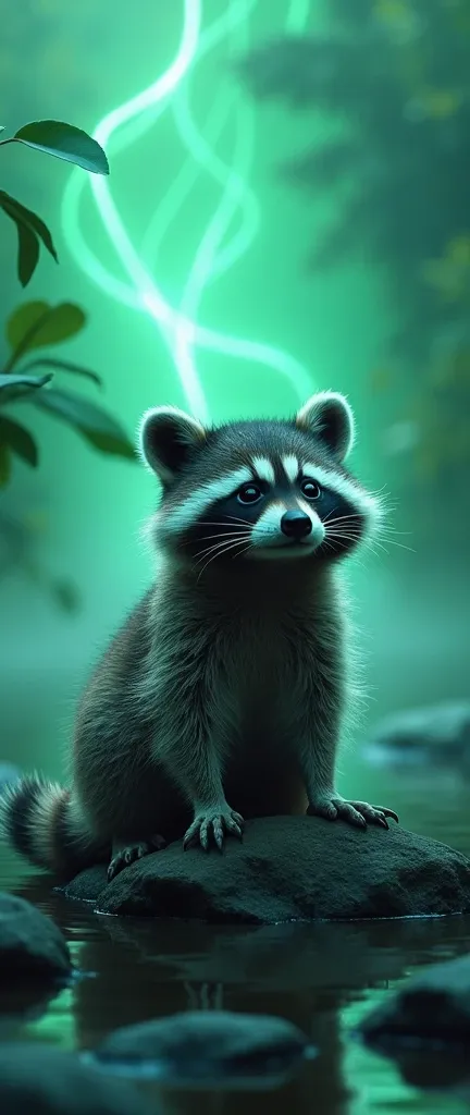 A captivating and surreal photograph of a ultra-fluffy baby raccoon, set against a dreamy backdrop of swirling neon fog. The raccoon has a sweet expression and is sitting on a rock, staring into the distance. The fog creates an ethereal atmosphere, with sw...