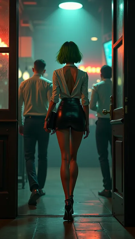 third person, from behind, a beautiful girl, 1girl, short green hair, slim figure, hot,sexy office outfit, micro skirt, high heels, photo-realistic, 4k, hyperrealistic, highly detailed, intricate details, dramatic lighting, cinematic, american comic book s...