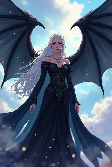 drawing of Daenerys Targaryen with a black dress and dragon wings; anime style
