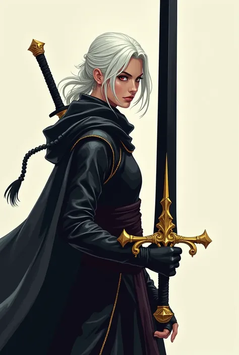 One with white hair, wine eyes holding a black blade sword and gold hilt, 2d style from the side