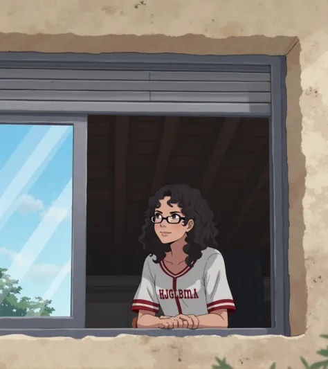 The image shows a young woman with curly dark hair wearing glasses and a white and red sports jersey, smiling while looking out the window frame. The setting appears to be an outdoor environment, with the window frame providing a contrast between the inter...