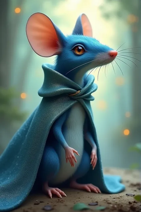 A blue striped mouse with an elongated face and a lead cape