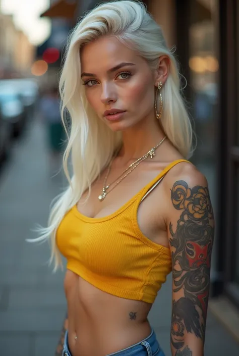 This picture portrays a stylish young woman with platinum blond hair.  She wears a casual yellow crop top  Her long blonde hair is swept to one side, enhancing her relaxed yet confident stance. Paired with low-rise blue jeans, her look is both edgy and app...