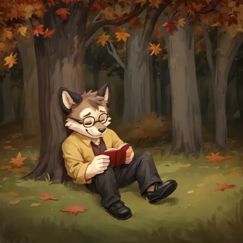 an medium sized anthropomorphic animal sleeping with a red book in his arms, seated under a autumn tree, he has glasses, he's dr...