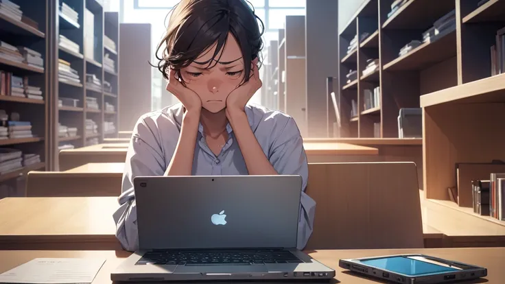 Create an image of a frustrated and anxious student studying in front of a computer