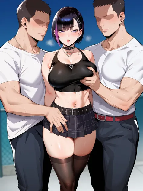 source_anime, rating_explicit, score_9, score_8_up, score_7_up, black_hair, goth, gothic, short_hair, looking at viewer, crop top, skirt, thighhighs, black clotges, goth girl, ikuchan, 2boys, mmf, standing side by side, faceless male, ), muscular male, ((s...