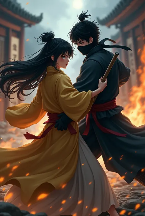 Option 1: "A dynamic duo of ninjas, a female with flowing black hair in a golden kimono and a male with spiky black hair and a mask, striking a battle pose. The background is a blurred, mysterious scene with hints of a nighttime village or a smoky battlefi...