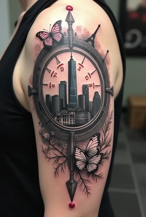 A realistic tattoo, in black and white, a compass with the Taipei 101 tower inside in a realistic style, the eiffel tower, a small ruby without color and a butterfly 