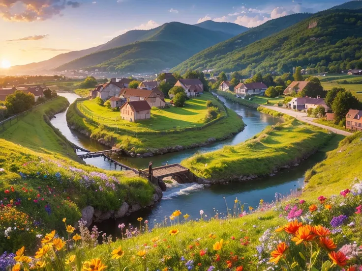 Photorealism, sunset, evening, warm summer, hyper-detailed, picturesque beautiful landscape, wildflowers, romantically depicted charming Russian village, traditional crafts, horse near the shore, river, golden haze