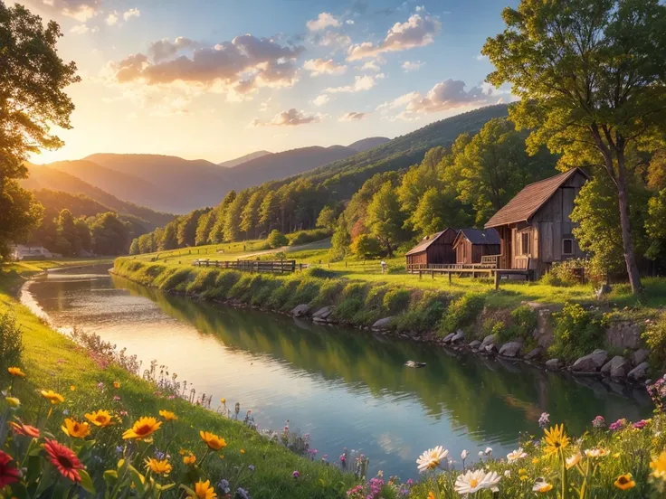 Photorealism, sunset, evening, warm summer, hyper-detailed, picturesque beautiful landscape, wildflowers, romantically depicted charming Russian village, traditional crafts, horse near the shore, river, golden haze