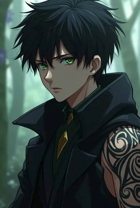 Kaito has short black hair, intense green eyes and a tribal tattoo on his right arm, representing your connection to the shadows. He wears dark clothes and a long black coat that hides his weapons and scrolls..Make him serious,Age 22

