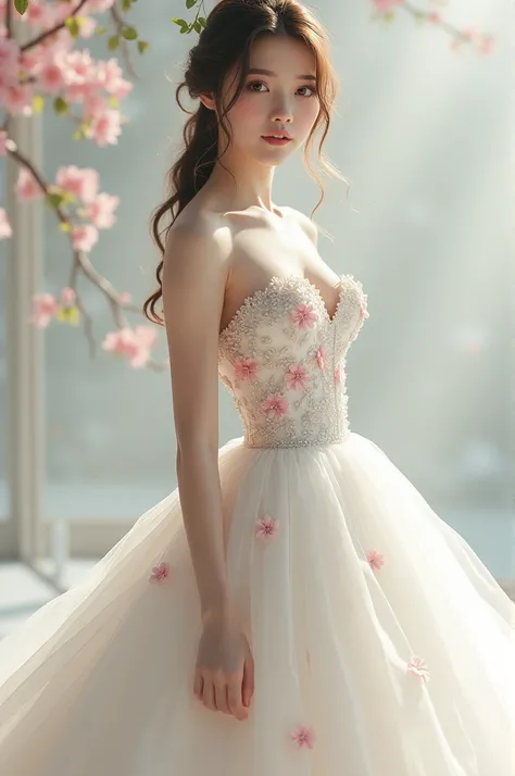 beautiful woman dress in a white ball gown with pink floral appliqués 