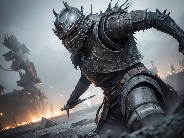 dark souls warriors wallpaper hd hd, in the style of gritty urban landscapes, detailed, layered compositions, dark white and silver, mechanized forms, lens flare, sony alpha a1, strong facial expression —ar 16:9 —niji 5 —c 3