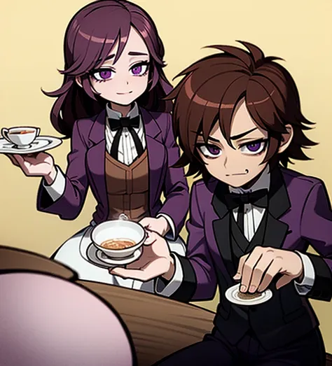 snagglepuss with brown hair, violet eyes, violet suit, victorian suit, royalty, nobility, having tea with snagglepuss