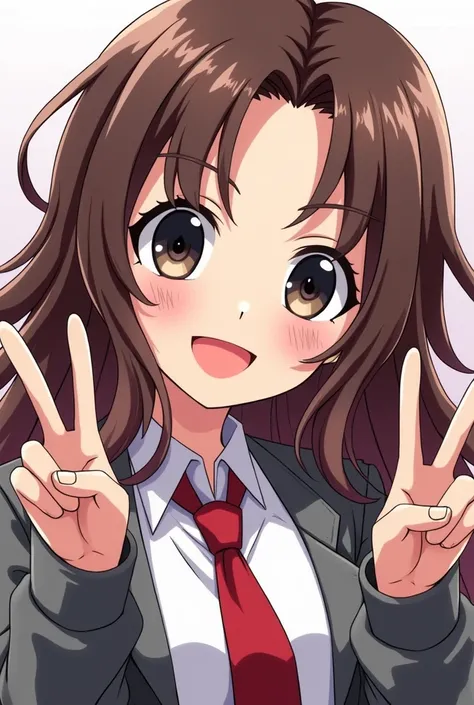 screenshot Boku no hero academia young latina woman. brown hair with fringes and some light pink strands all over the hair, large black eyes with black eyeliner under the eyes. She is smiling making a sign of peace, wearing a red tie and gray jacket. 