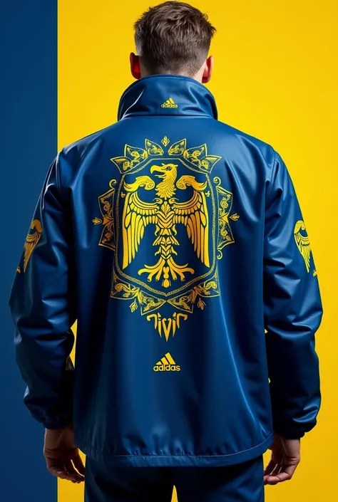 Make the back of a Swedish team jacket with a Nordic theme and blue and yellow details