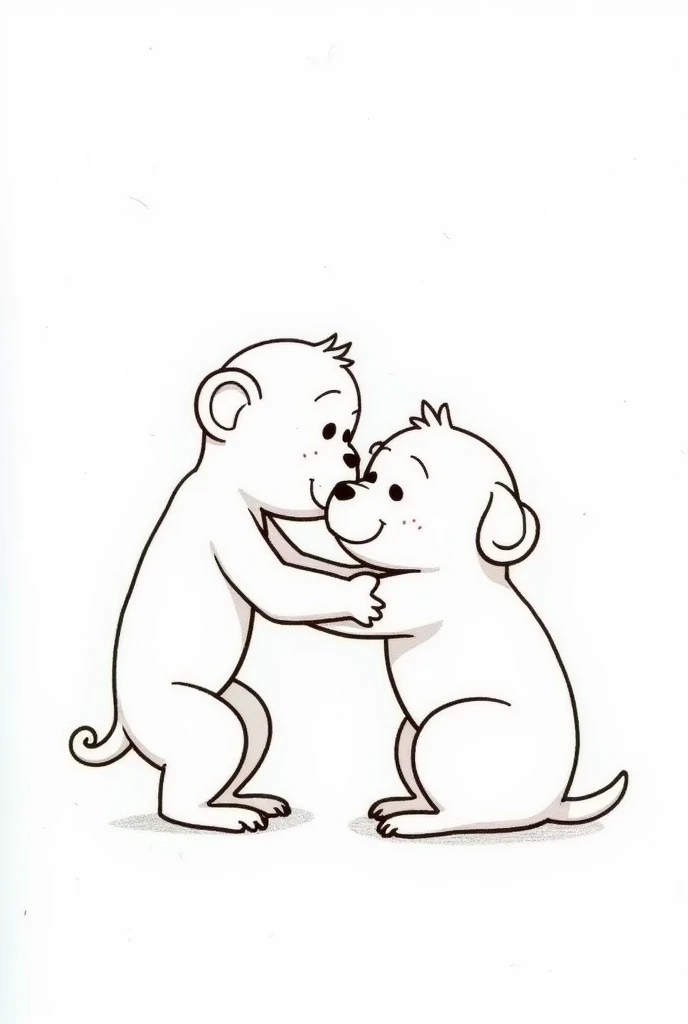 Line drawing of a dog in love with a chimpanzee