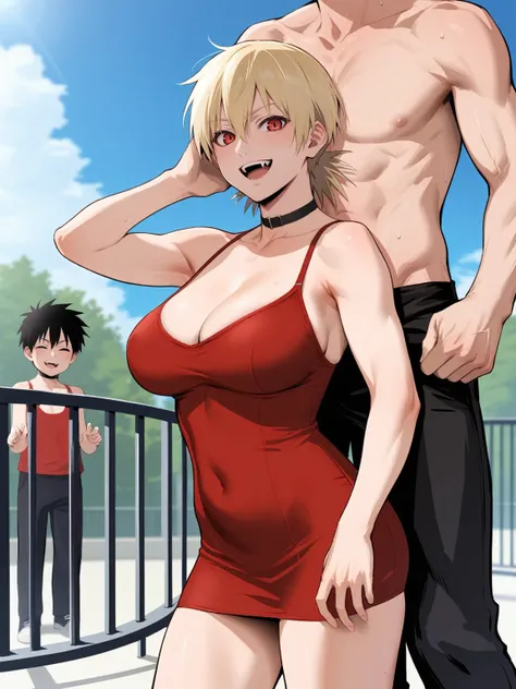 score_9, score_8_up, score_7_up,  score_6_up, source_anime, standing, hellsing, seras, blonde hair, nude, park, outdoors, sky, vampire, smirk, fangs, ikuchan, balcony, muscular male, male wearing tank top, large breasts, husband and wife, family, looking a...