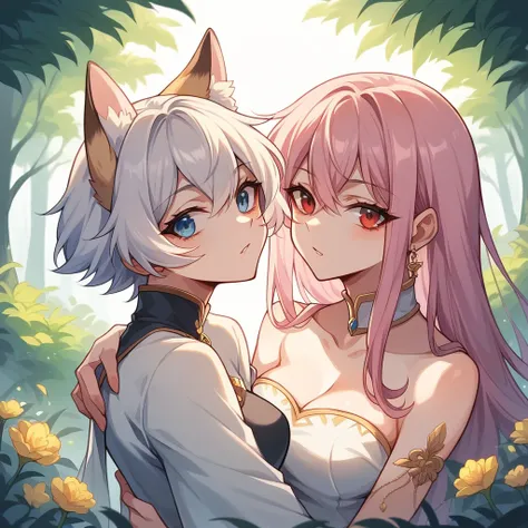 Create a whimsical scene featuring two fox girls. The first girl has short white hair and striking red eyes, exuding a confident and playful demeanor. She is gently carrying the second girl in her arms. The second girl has long, flowing pink hair and capti...