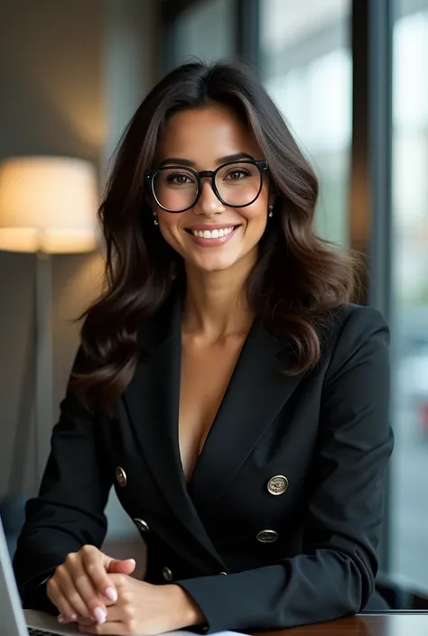 Beautiful 28-year-old Latina brunette woman with GLASSES SECRETARY elegant work suit GRAPHIC DESIGNER publicist style important looking at the objective hyperrealistic beautiful smile WITH COMPUTER WORKING EXECUTIVE OFFICE ENVIRONMENT