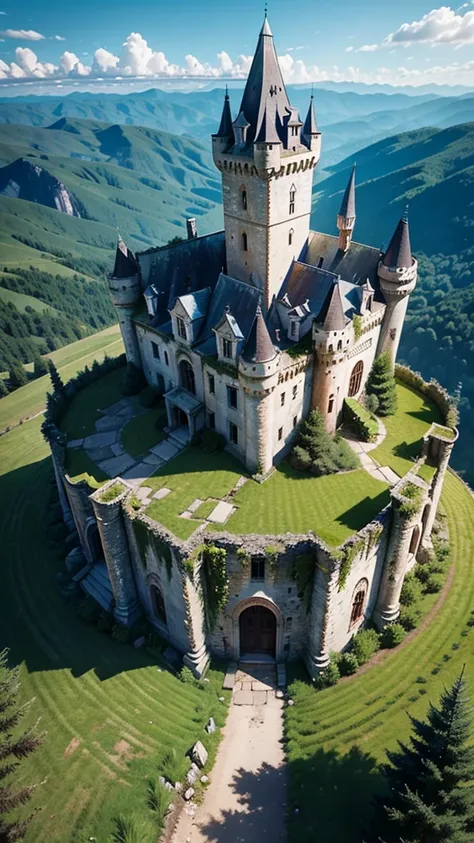 View from above of an abandoned castle, deteriorated, with weeds growing up its walls and fences. Located on top of a mountain. Super detailed image.