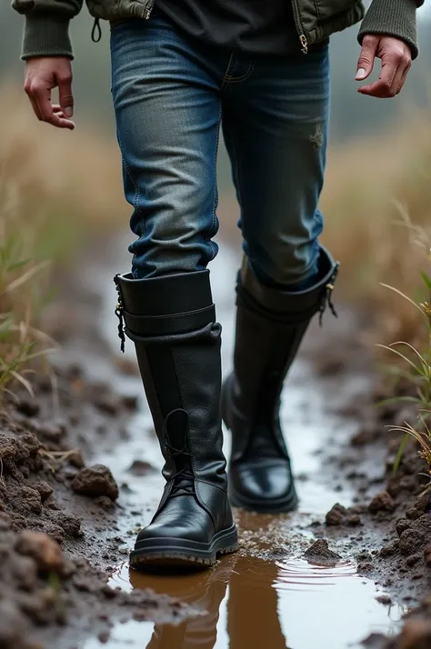 Man, knee high boots, black, chunky, skinny jeans tucked in, walking on mud,