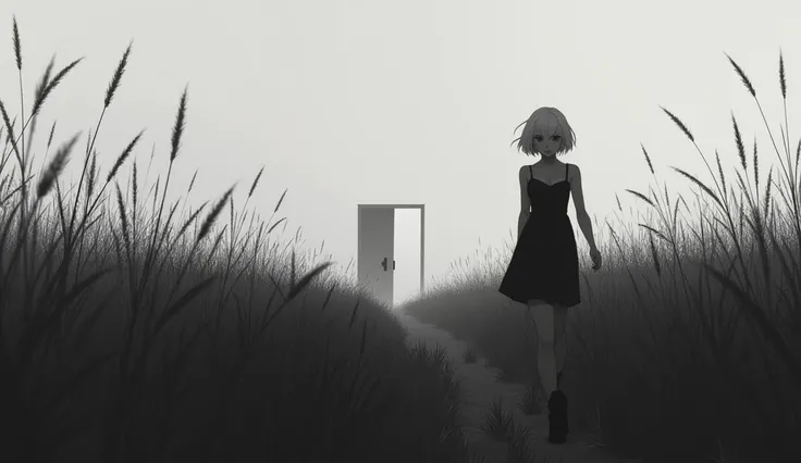 ((20-year-old woman,Blonde short bob hair,She is walking through an grassland in the monochrome world)),inside the monochrome world,the monochrome grassland,There are monsters in the grassland,Uneasy atmosphere,"जैसे ही वो अंदर गई, दरवाजा जोर से बंद हो गया...