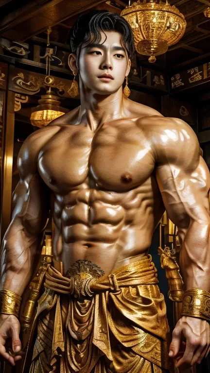 disconsolate，Ambient，artistic conception，large scene，The wind blew up the white curtains，Dattain lamps，Diffuse light，chest muscle，detailed face, Shirtless, stubbles, Sideburns, musculature, Strong handsome korean  guy， a golden statue of handsome men god ,...