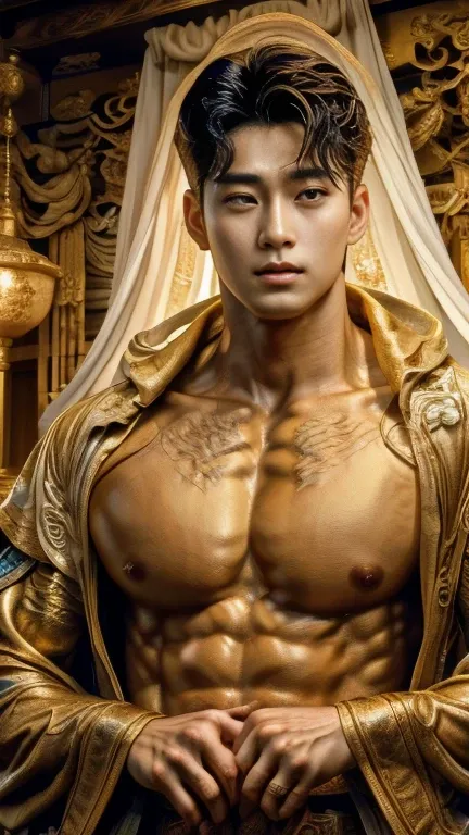 disconsolate，Ambient，artistic conception，large scene，The wind blew up the white curtains，Dattain lamps，Diffuse light，chest muscle，detailed face, Shirtless, stubbles, Sideburns, musculature, Strong handsome korean  guy， a golden statue of handsome men god ,...