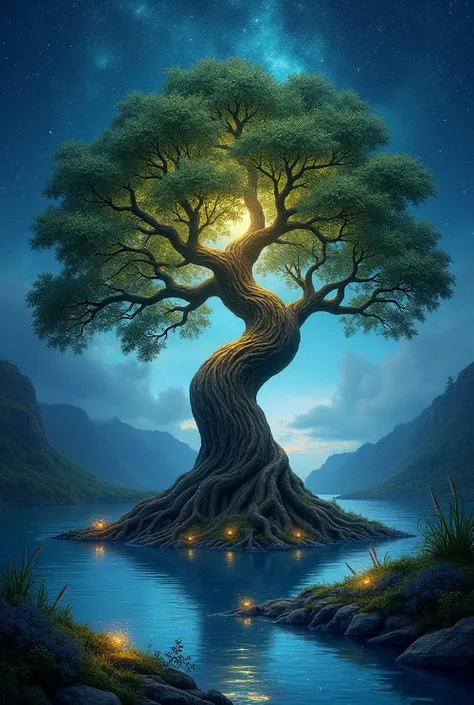 Create image of intricately beautiful tree of life with deep roots ang glowing branches, fireflies around, starry sky above, deep blue river below; hyperrealistic, masterpiece, vibrant