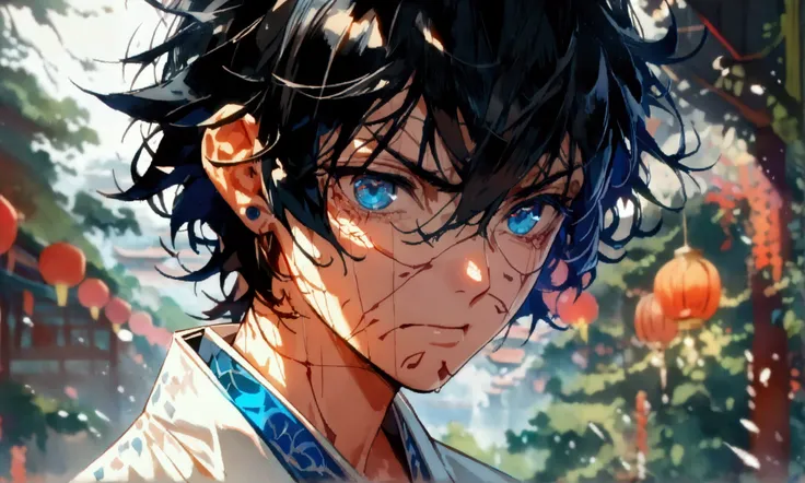 Boy, messy big black hair, light blue eyes, white kimono with blue details, angry expression, ((Intricate anime character design inspired by Demon Slayer)), ((stunning lighting)), ((fine lines)), ((stunning focus)), ((stunning face)), ((detailed focus)), (...