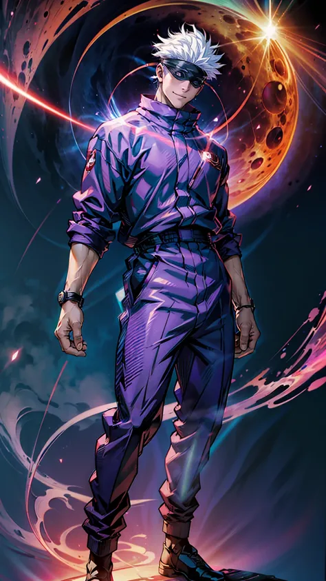 1boy, full body shot, satoru gojo, blindfold, purple outfit, white hair, use skill pose (( red energy void in right hand,blue energy void in left hand)), smirk, red and blue moon background, wallpaper, cinematic,High resolution 8K, Bright light illuminatio...