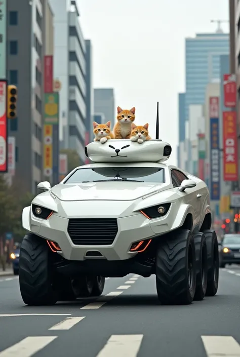 Neko-Nabe Armored Tank, armored tank with an oval iron pot motif, super vehicle, Fully air conditioned, six-wheeled off-road vehicle, monster truck, futuristic curvaceous car body, pure white car body, BREAK, running through the city during the day, obey t...