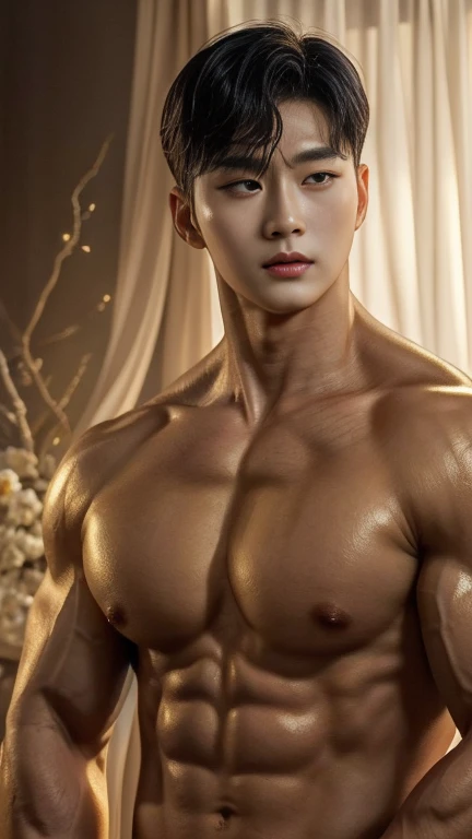 disconsolate，Ambient，artistic conception，large scene，The wind blew up the white curtains，Dattain lamps，Diffuse light，chest muscle，Shirtless, stubbles, Sideburns, musculature, Strong handsome korean  guy， a golden statue of handsome men god , multiple hands...