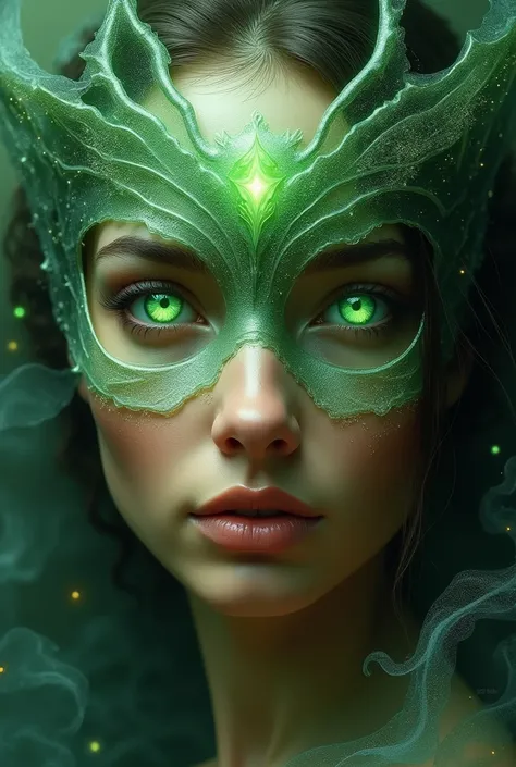 Create a mask of a woman "mysticism" with green eyes and tanned skin 