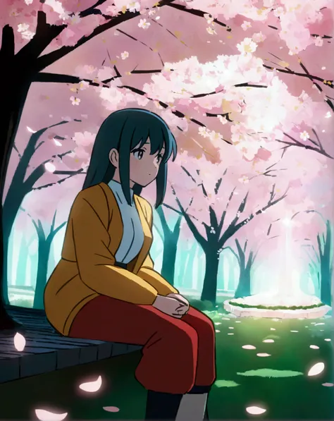 Serene park with cherry blossom trees in full bloom, petals gently falling, anime-style. A thoughtful anime character sits on a bench, looking slightly anxious, high quality, 8k