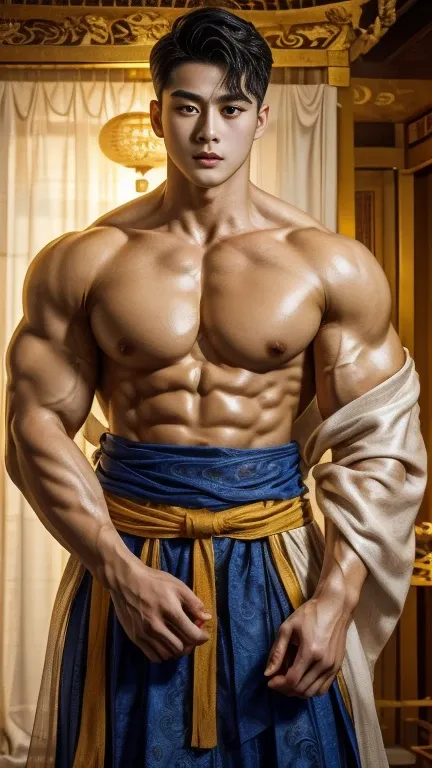 disconsolate，Ambient，artistic conception，large scene，The wind blew up the white curtains，Dattain lamps，Diffuse light，chest muscle，Shirtless, stubbles, Sideburns, musculature, Strong handsome korean  guy， a golden statue of handsome men god , multiple hands...