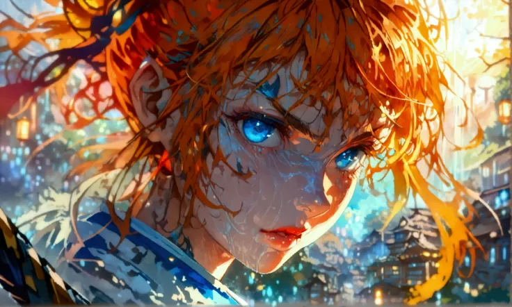 Girl, big messy orange hair, light blue eyes, white kimono with blue details, angry expression, ((Intricate anime character design inspired by Demon Slayer)), ((stunning lighting)), ((fine lines)), ((stunning focus)), ((stunning face)), ((detailed focus)),...