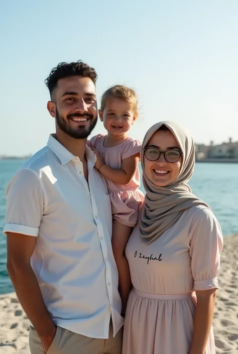 A young brown man with a small beard and no hair on his cheeks. It says on his shirt "El Boukhari" Civil engineer standing next to his beautiful white architect wife wearing glasses, it says on her dress "Zeyneb" 
By the sea, the weather is beautiful.
The ...