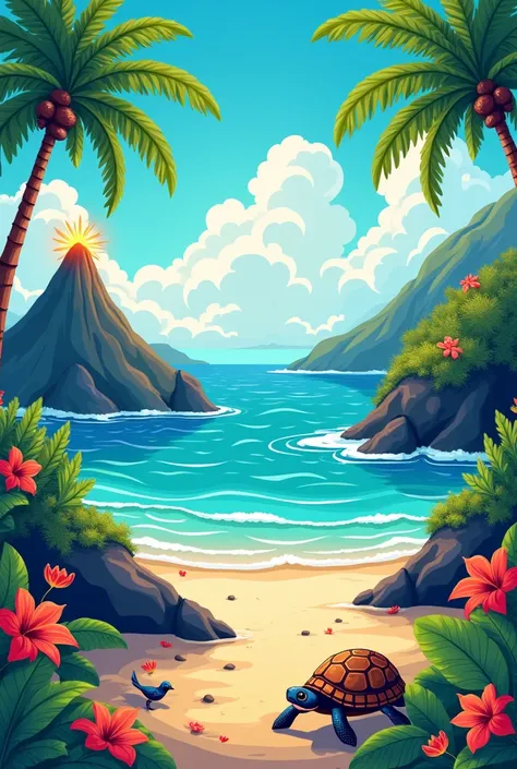 A Hawaiian style t-shirt print, happy inactive volcanoes, ripples, beachfront, palmtrees, coconut palms, flowers on the edges of below, beautiful nature and vivid green, blue sky, turtle and birds. cartoon-like, high qualiy, image covering the entire scree...