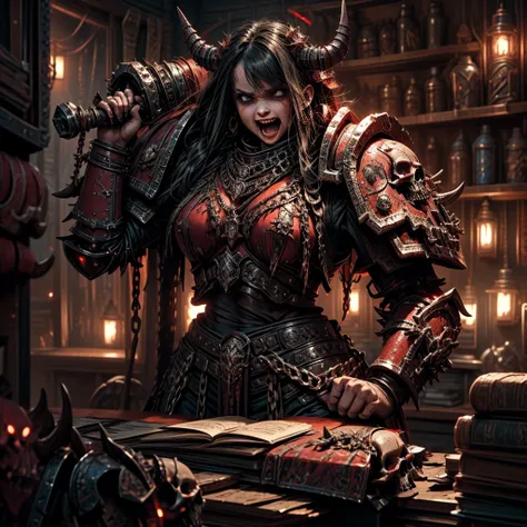 1 female, khornate berzerker, broken horn, red colored skin, fangs, drool, demon horns, demon wings, spiked armor, skull jewelry, chains, leather armor, shoulder armor, torn clothes, vambraces, brass armor, chain axe, claws, chaos, warhammer, WH40k, warham...